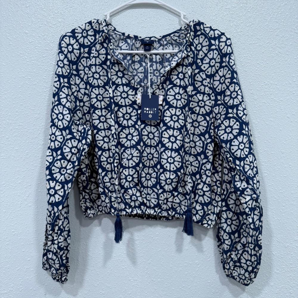Roller Rabbit for Target Blue White Floral Crop Top Tassel Tie XS NEW